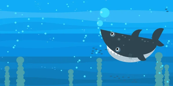 स्विमिंग कोरल रीफ मछली शार्क के साथ हैप्पी कार्टून अंडरवाटर दृश्य पाठ के लिए जगह के साथ चित्रण — स्टॉक फ़ोटो, इमेज