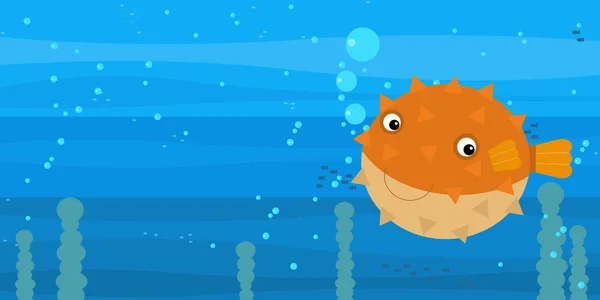 Happy Cartoon víz alatti jelenet úszás korallzátony hal puffer helyet a szöveg - illusztráció — Stock Fotó