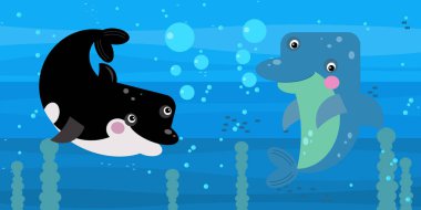 Yüzen mercan resifi balıklarıyla mutlu sualtı karikatürü sahneleri.