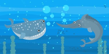 Yüzen mercan resifi balıklarıyla mutlu sualtı karikatürü sahneleri.