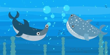 Yüzen mercan resifi balıklarıyla mutlu sualtı karikatürü sahneleri.