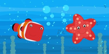 Yüzen mercan resifi balıklarıyla mutlu sualtı karikatürü sahneleri.