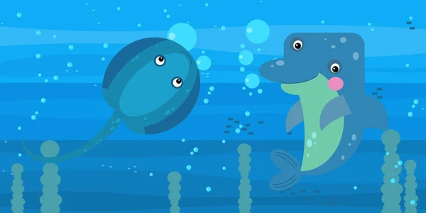 Glücklich Cartoon-Unterwasserszene mit schwimmenden Korallenriffen Fische Illustration — Stockfoto