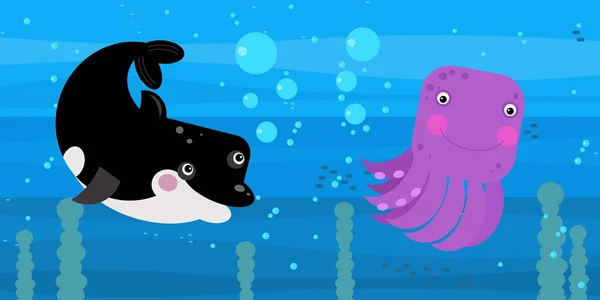 Boldog rajzfilm víz alatti jelenet úszás korallzátony halak illusztráció — Stock Fotó