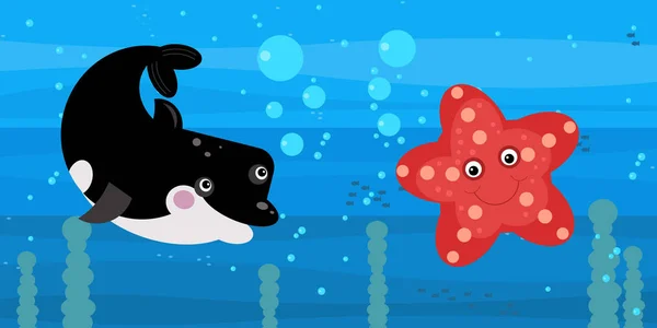 Joyeux dessin animé scène sous-marine avec natation récif corallien poissons illustration — Photo