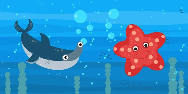 Felice cartone animato scena subacquea con nuoto barriera corallina pesci illustrazione — Foto Stock