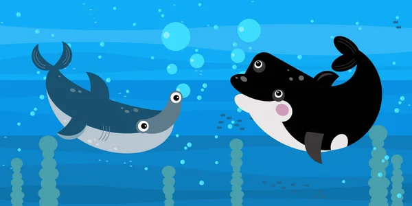 तैराकी कोरल रीफ मछली चित्रण के साथ हैप्पी कार्टून अंडरवाटर दृश्य — स्टॉक फ़ोटो, इमेज