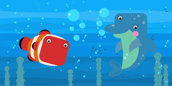 Joyeux dessin animé scène sous-marine avec natation récif corallien poissons illustration — Photo