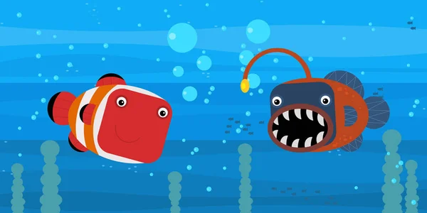 Felice cartone animato scena subacquea con nuoto barriera corallina pesci illustrazione — Foto Stock