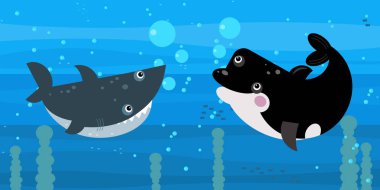 Yüzen mercan resifleri resimli mutlu deniz altı karikatürü sahnesi