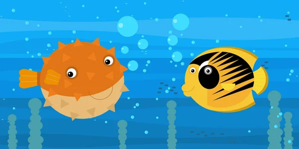 Feliz desenho animado cena submarina com natação recife de coral peixes ilustração — Fotografia de Stock