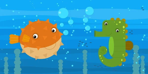 Happy Cartoon Unterwasserszene mit schwimmenden Korallenriffen Fische Illustration — Stockfoto