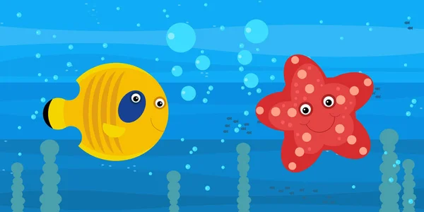 Feliz desenho animado cena submarina com natação recife de coral peixes ilustração — Fotografia de Stock
