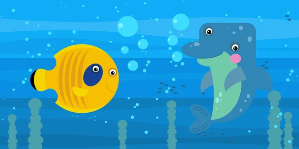 Happy Cartoon Unterwasserszene mit schwimmenden Korallenriffen Fische Illustration — Stockfoto