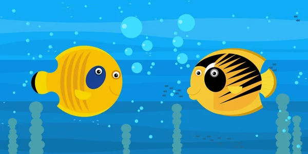 Dibujos animados feliz escena submarina con natación arrecife de coral peces ilustración —  Fotos de Stock