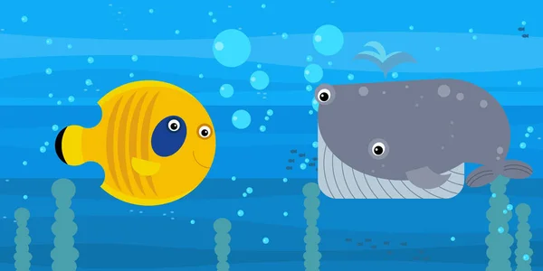 Felice cartone animato scena sottomarina con nuoto barriera corallina pesci illustrazione — Foto Stock