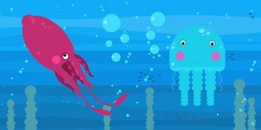 Yüzen mercan resifleri resimli komik deniz altı sahnesi.