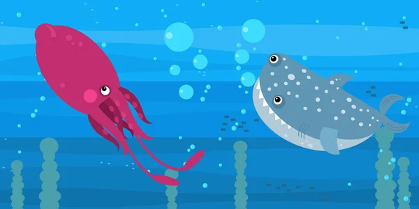 Engraçado desenho animado cena submarina com natação recife de coral peixes ilustração — Fotografia de Stock