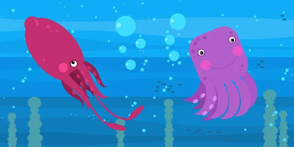 Divertente cartone animato scena sottomarina con nuoto barriera corallina pesci illustrazione — Foto Stock