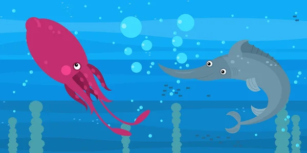 Divertente cartone animato scena sottomarina con nuoto barriera corallina pesci illustrazione — Foto Stock