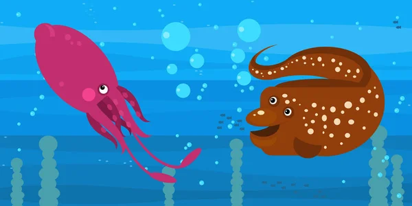 Drôle de dessin animé scène sous-marine avec natation récif corallien poissons illustration — Photo