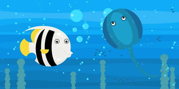 Fröhliche Zeichentrick-Unterwasserszene mit schwimmenden Korallenrifffischen — Stockfoto