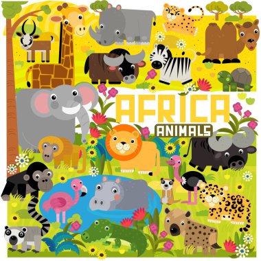 Afrika çizgi filmi safari sahnesi. Göl kenarında çocuklar için farklı hayvanlar var.