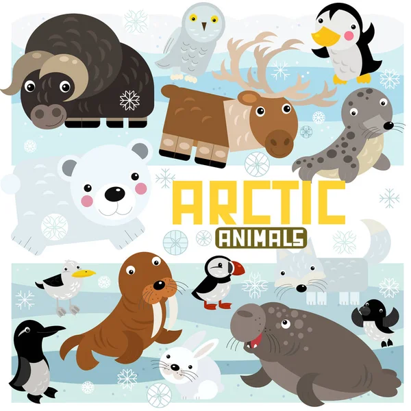 cartoon north pole scene with different animals on ice illustration for children