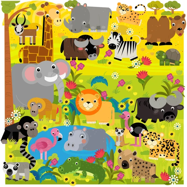 子供のための池のイラストで別の動物と漫画アフリカサファリシーン — ストック写真