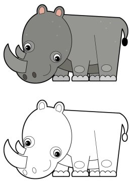 Beyaz arka planda mutlu gergedanlı çizgi film sahnesi - çocuklar için illüstrasyon