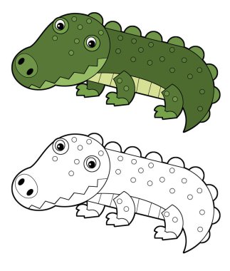 Beyaz zemin üzerinde mutlu timsah olan çizgi film sahnesi - çocuklar için illüstrasyon