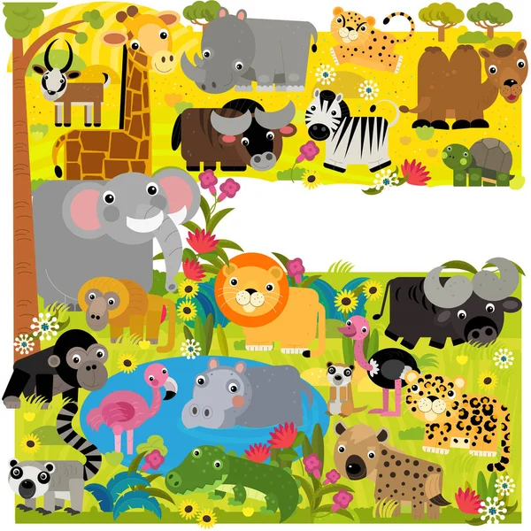 Cartoon Africa Safari Scene Different Animals Pond Illustration Children — Stock Photo, Image