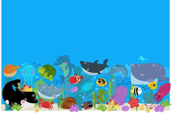 Scena Dei Cartoni Animati Con Diversi Animali Marini Oceanici Nella — Foto Stock