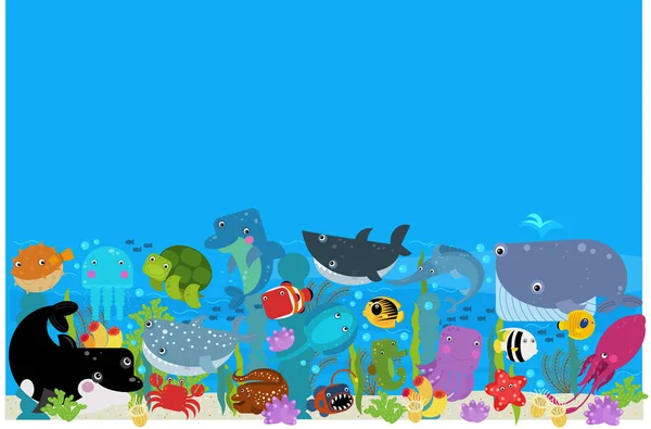 cartoon scene with different sea or ocean animals in the coral reef illustration for children