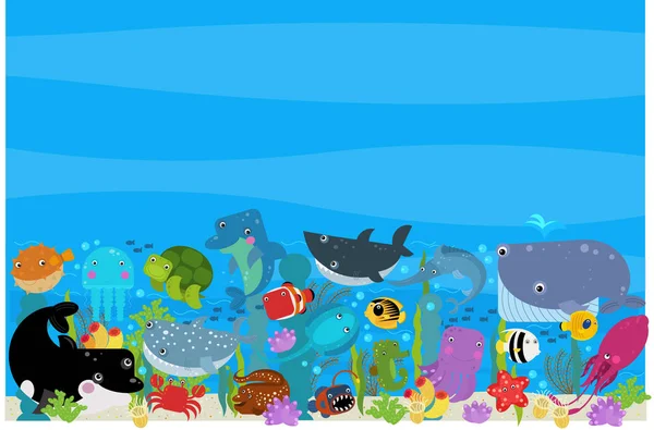 Çocuklar Için Mercan Resiflerindeki Farklı Deniz Okyanus Hayvanlarının Olduğu Karikatür — Stok fotoğraf