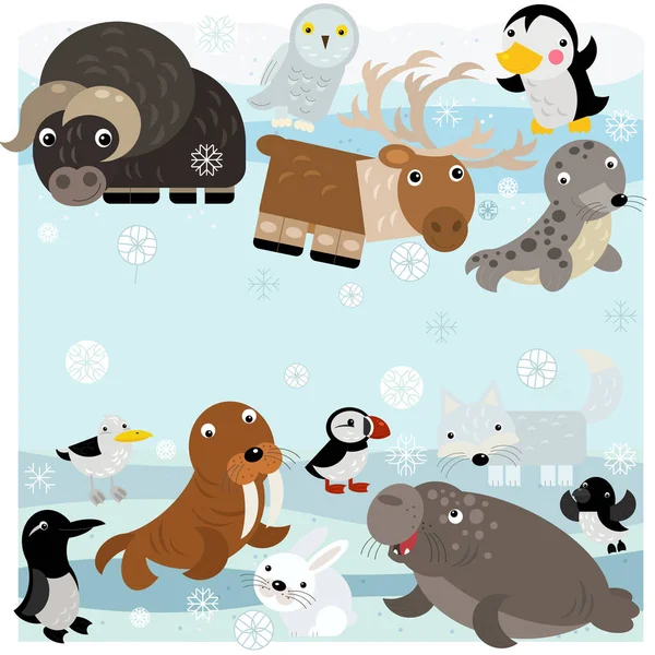 cartoon north pole scene with different animals on ice illustration for children