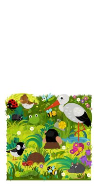 Avrupa 'daki farklı hayvan, kemirgen ve böceklerin olduğu çizgi film sahnesi çocuklar için çayır çizimi