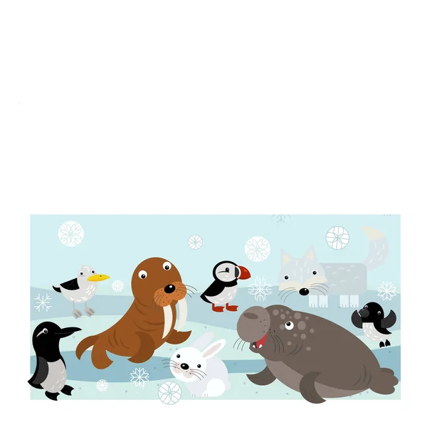 cartoon north pole scene with different animals on ice illustration for children