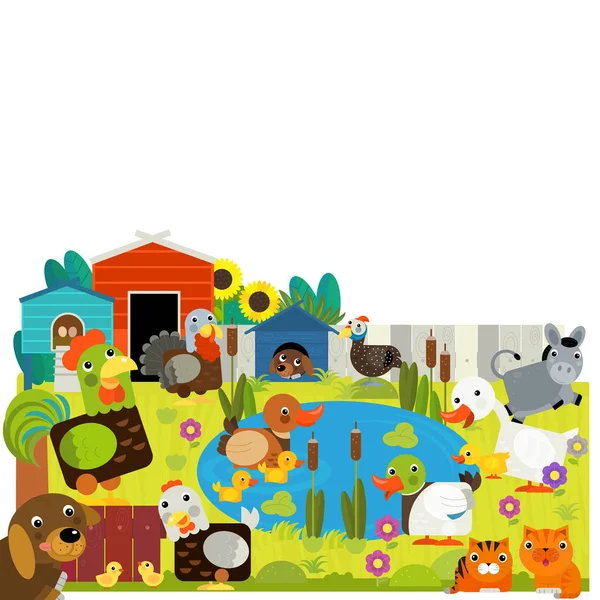 Cena Dos Desenhos Animados Com Diferentes Animais Fazenda Ilustração Floresta — Fotografia de Stock