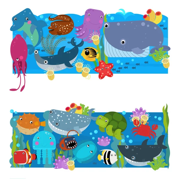 cartoon scene with different sea or ocean animals in the coral reef illustration for children