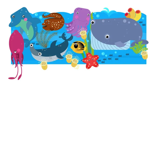 Cartoon Scene Different Sea Ocean Animals Coral Reef Illustration Children — Stock Photo, Image