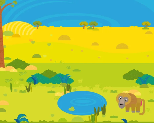卡通片非洲狩猎场景与可爱的野生动物在池塘边的儿童插图 — 图库照片