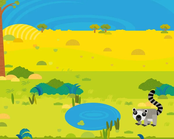 Cartoon África Safari Cena Com Bonito Animal Selvagem Pela Lagoa — Fotografia de Stock
