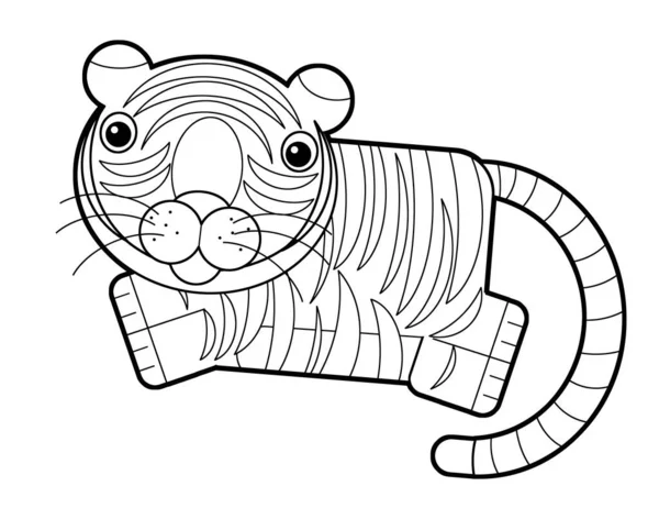 Tecknad Skissbok Asiatisk Scen Med Glad Katt Tiger Vit Bakgrund — Stockfoto