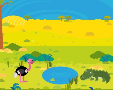 Afrika çizgi filmi safari sahnesi. Çocuklar için göl kenarında sevimli vahşi hayvanlar.