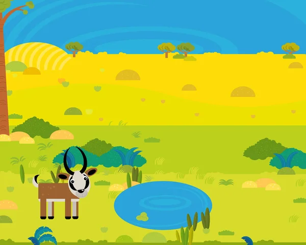 Cartoon África Safari Cena Com Bonito Animal Selvagem Pela Lagoa — Fotografia de Stock
