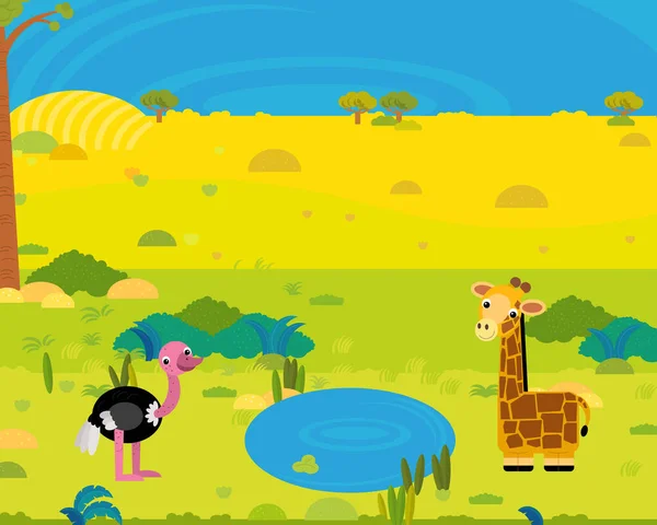 Cartoon Africa Safari Scene Met Schattige Wilde Dieren Door Vijver — Stockfoto