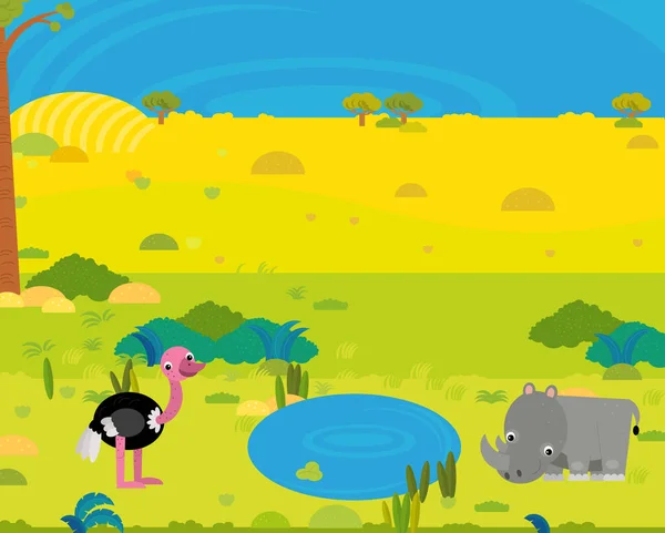 Cartoon Africa Safari Scene Met Schattige Wilde Dieren Door Vijver — Stockfoto