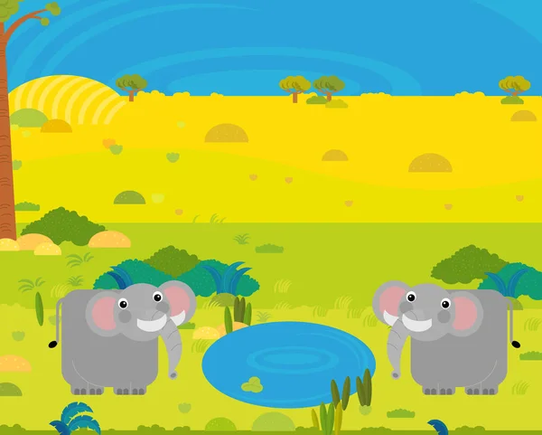 Cartoon Africa Safari Scene Met Schattige Wilde Dieren Door Vijver — Stockfoto