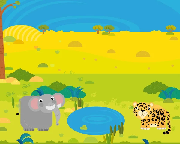 Мультфильм Африка Сафари Сцена Милыми Дикими Животными Пруда Иллюстрация Детей — стоковое фото